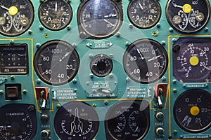 Aircraft instruments on a dashboard of an old made in USSR plane, close up