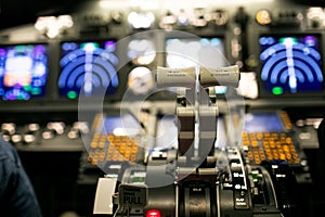 Aircraft interior, cockpit view inside the airliner. Point of view from a pilot place in a plane.