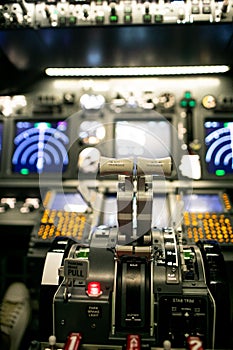 Aircraft interior, cockpit view inside the airliner. Point of view from a pilot place in a plane.