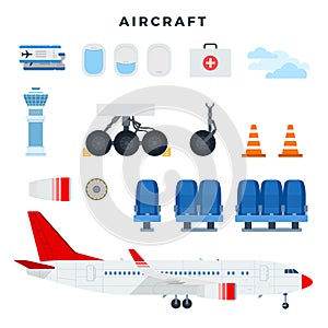 Aircraft and its components. Set of aircraft parts, isolated on white background. Vector illustration