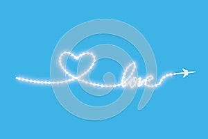 The aircraft and its track in the form of a strip of shiny LED strip in the shape of a heart on a blue background