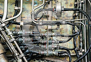 Aircraft jet engine, side view. View inside.