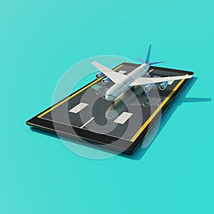 Aircraft jet on the smartphone. Online searching and buying airline tickets by mobile phone. 3d render airplane illustration