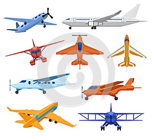 Aircraft jets. Flight vehicles, passenger jet airplane, private aircraft and cargo service plane. Commercial aviation