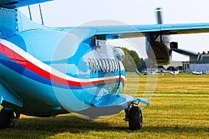 Aircraft L 410 Turbolet in flight in blue sky at sunny day in Prague