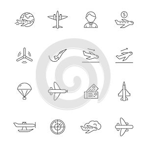 Aircraft line icons. Airplane travelling symbols of avia company vector outline pictures