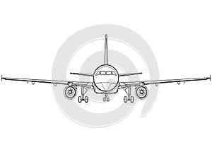 Aircraft linear black and white drawing full face, plane front view, airplane icon, outline sketch, flying machine silhouette,