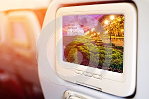 Aircraft monitor in passenger seat on Ruins of St. Paul`s, one of Macau