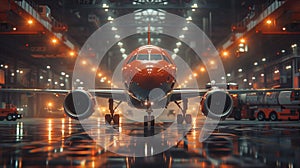 Aircraft parked in hangar at night, awaiting next flight