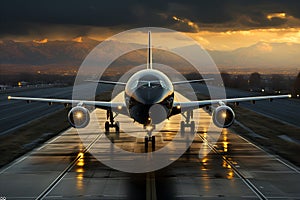 An aircraft parked on a runway, with the striking colors of the sunset enhancing the scene