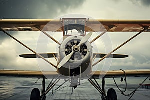 An aircraft parked on the tarmac at an airport, ready for takeoff or awaiting passengers., Vintage open cockpit airplane with