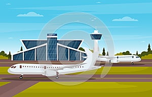 Aircraft Plane in Runway Airport Terminal Building Landscape Skyline Illustration