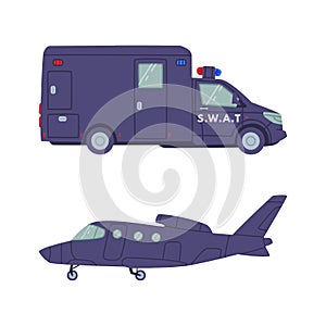 Aircraft or Plane and Van with Siren as SWAT Vehicle or Rescue Vehicle and Police Tactical Unit Vector Set