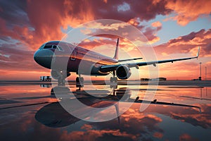 An aircraft positioned on a runway, its image mirrored in a puddle