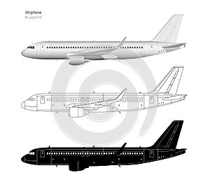 Aircraft in realistic and outline style. Black silhouette of plane. Side view of airplane. Industrial isolated blueprint