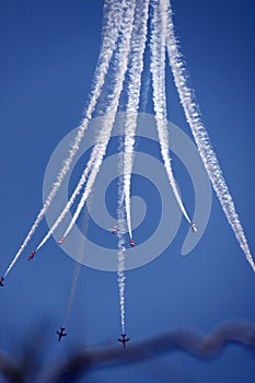 Aircraft red arrows, creating in the sky shapes, Cyprus