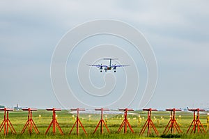 Aircraft on runway approach at East Midlands Airport.