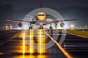 aircraft on runway, headlights on, engines humming