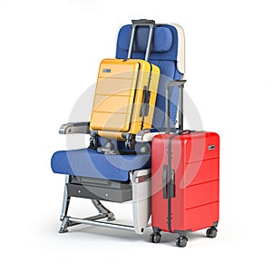 Aircraft sear with two travel suitcases. Passangers baggage rules and conditions of airlines concept photo