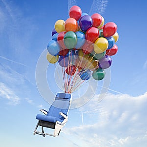 Aircraft seat flying on a bunch of balloons. Happy and safe airplane travel, free flight as a gift concept
