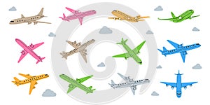 Aircraft set. Air transport. Air flight symbol. Passenger airplanes. Vector illustration.