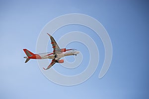 Airplane take off from airport. Travel by air, climate crisis, transportation photo