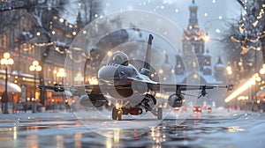 Aircraft taking off from snowy runway, leaving water behind