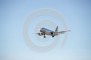 Airplane arrival at the airport. Travel by air, transportation photo