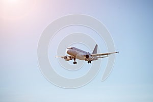 Airplane arrival at the airport. Travel by air, transportation photo