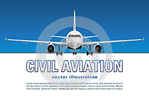 Aircraft vector. Banner, poster, flyer, card from plane against the background of the blue sky and text on a white backdrop