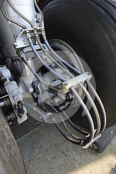 Aircraft wheels and brakes on the undercarriage of an airplane