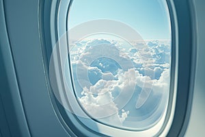 Aircraft window, blue sky and white clouds outside the window