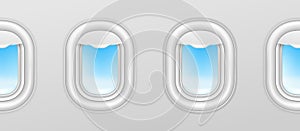 Aircraft windows. Airplane illuminators, plane portholes seamless vector exterior with blue sky outside