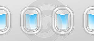 Aircraft windows. Airplane illuminators, plane portholes seamless vector exterior with blue sky outside photo