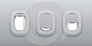 Aircraft windows. Airplane indoor portholes, plane interior window and fuselage glass porthole 3d vector illustration