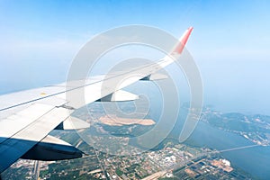 Aircraft Wing Look at view with cloud sky