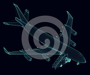 Aircraft wireframe with a ladder for disembarking people from blue lines isolated on a dark background. Isometric view