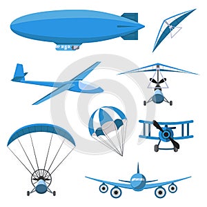 Aircrafts icons set on white background. Parachute, airship, Hang-glider, airplane, Trike, glider, Paraplane.