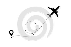 Aircrafts line path vector icon air plane flight route with start point and dash line trace on white background. Airplane travel