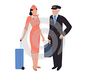 Aircrew, pilot and flight attendant, woman and man at airport, vector illustration. Crew characters with luggage in photo