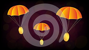 Airdrop concept few parachutes with coins on dark red background. Blank gold coin with place for logo or symbol