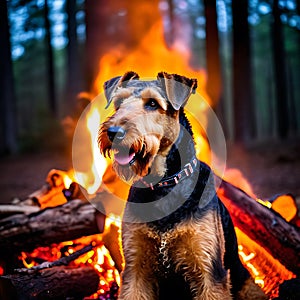 Airedale Terrier dog attentively sitting by a campfire in a dense