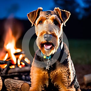 Airedale Terrier dog attentively sitting by a campfire at twilling photo