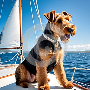 Airedale Terrier dog attentively sitting on a sailboat