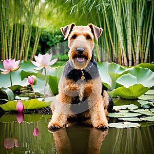 Airedale Terrier dog attentively sitting by a tranquil pond