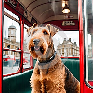 Airedale Terrier dog attentively sitting in a vintage red London