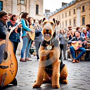 Airedale Terrier dog attentively watching a street musician play