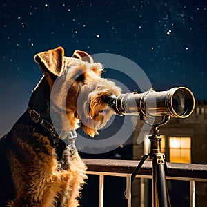 Airedale Terrier dog curiously peering into a vintage telescope