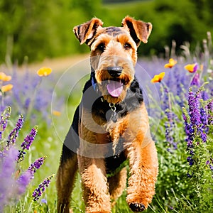 Airedale Terrier dog eagerly playing fetch in a vibrant summer m