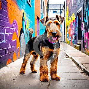Airedale Terrier dog exploring a vibrant urban street art alley